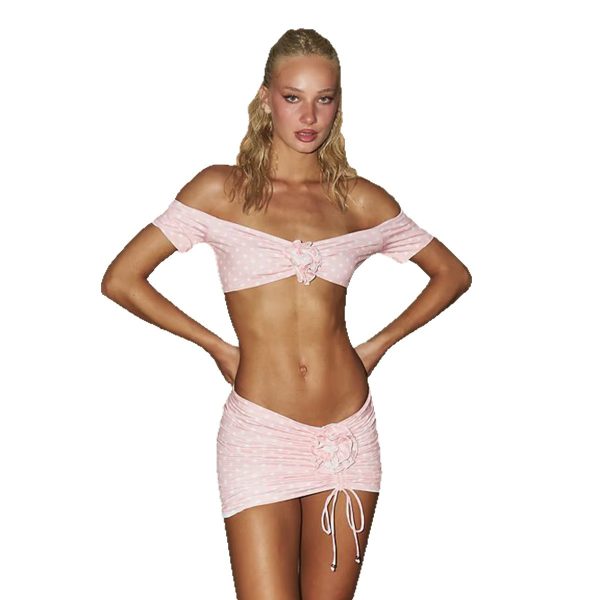Sexy Short Sleeve Separated Swimsuit with Drawstring Half Skirt