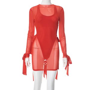 Sexy belly covering backless solid color swimsuit dress
