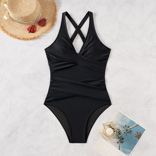 Solid Color Crossed Slimming Sexy High-Waist One-Piece Bikini Swimsuit for Women - Image 3