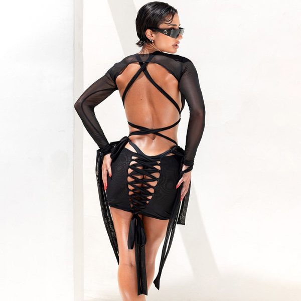 Sexy belly covering backless solid color swimsuit dress - Image 5