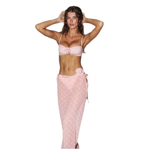 Three-Piece Swimsuit with Polka Dot and Flower Design for Women