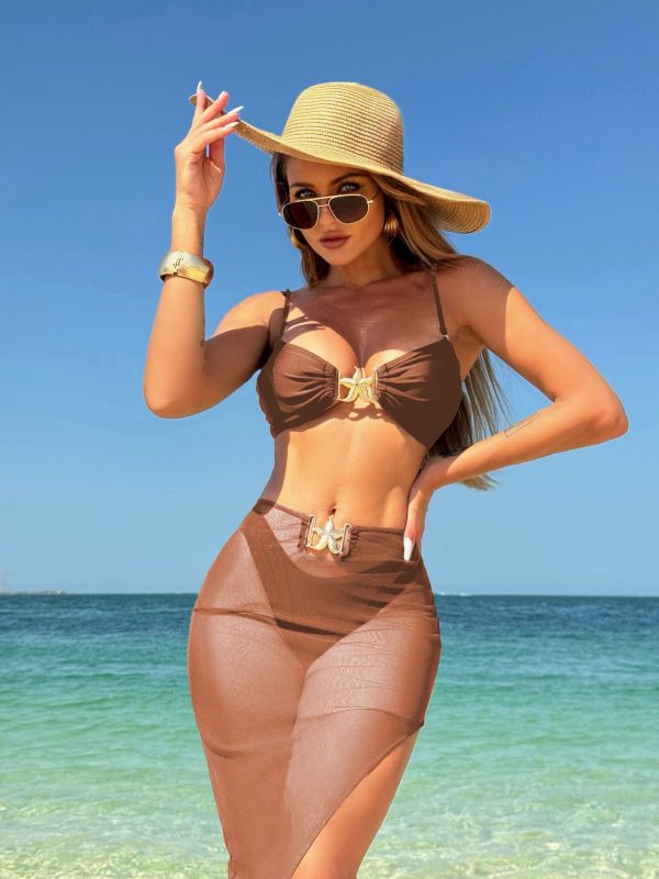 Sexy Solid Color Three-Piece Mesh Long Dress Swimsuit Bikini - Image 8
