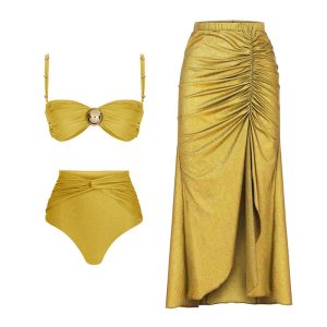 Yellow Plus Size Bikini Women's Swimsuit Slit Wrap Skirt Three-Piece Set