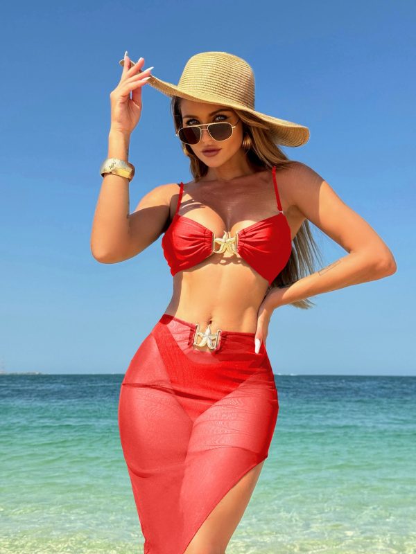 Sexy Solid Color Three-Piece Mesh Long Dress Swimsuit Bikini - Image 9