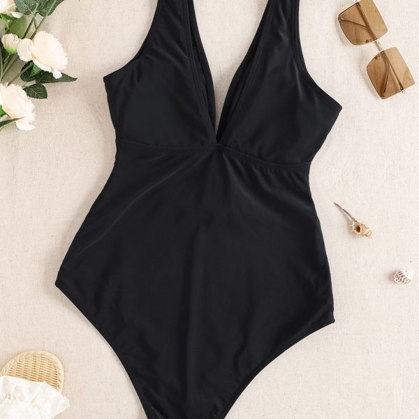 Solid Color Deep V-Neck Slimming Sexy One-Piece Swimsuit for Women - Image 5