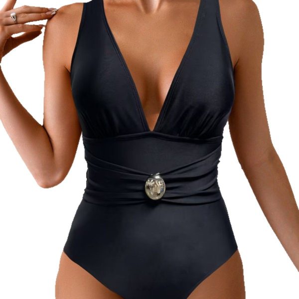 Solid Color Deep V-Neck Slimming Sexy One-Piece Swimsuit for Women