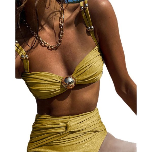 Yellow Plus Size Bikini Women's Swimsuit Slit Wrap Skirt Three-Piece Set - Image 4
