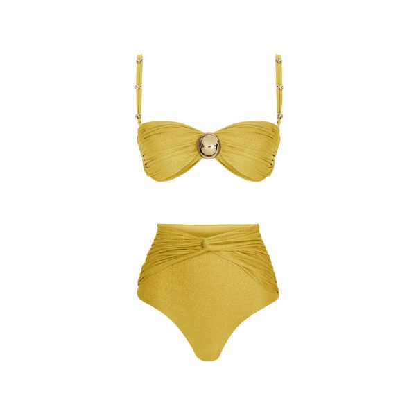 Yellow Plus Size Bikini Women's Swimsuit Slit Wrap Skirt Three-Piece Set - Image 3