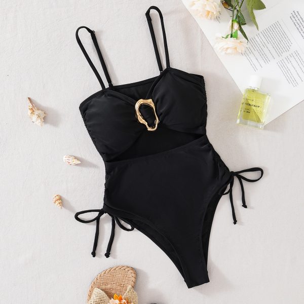 Solid Color Hollow Drawstring Sexy One-Piece Bikini Swimsuit for Women - Image 4
